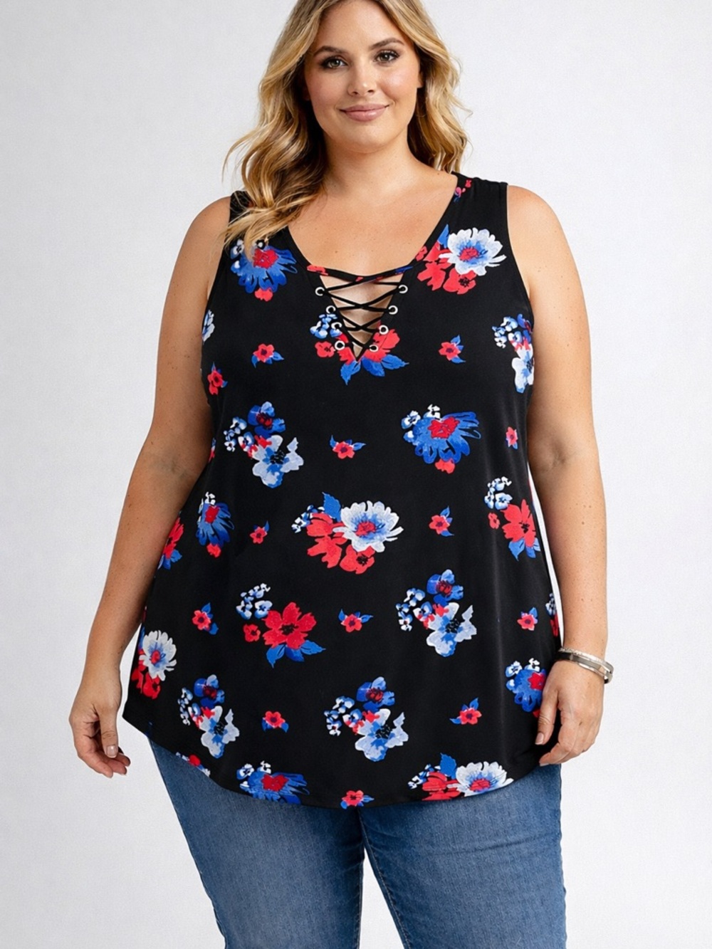 Dex Womens Black Floral Lace Up Tank Top Red Blue Blooms Boho Chic